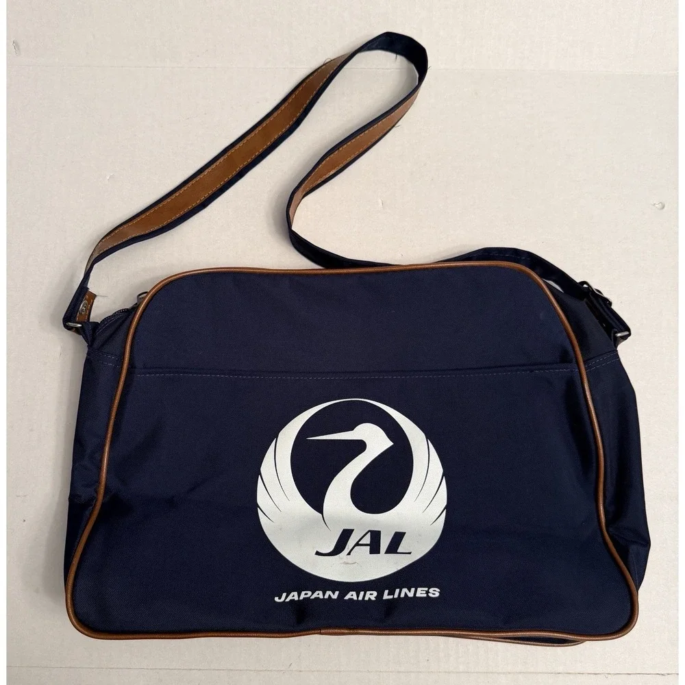 Vintage 80s Japan Airlines In Flight Weekend Bag Navy Blue Brown Nylon 16